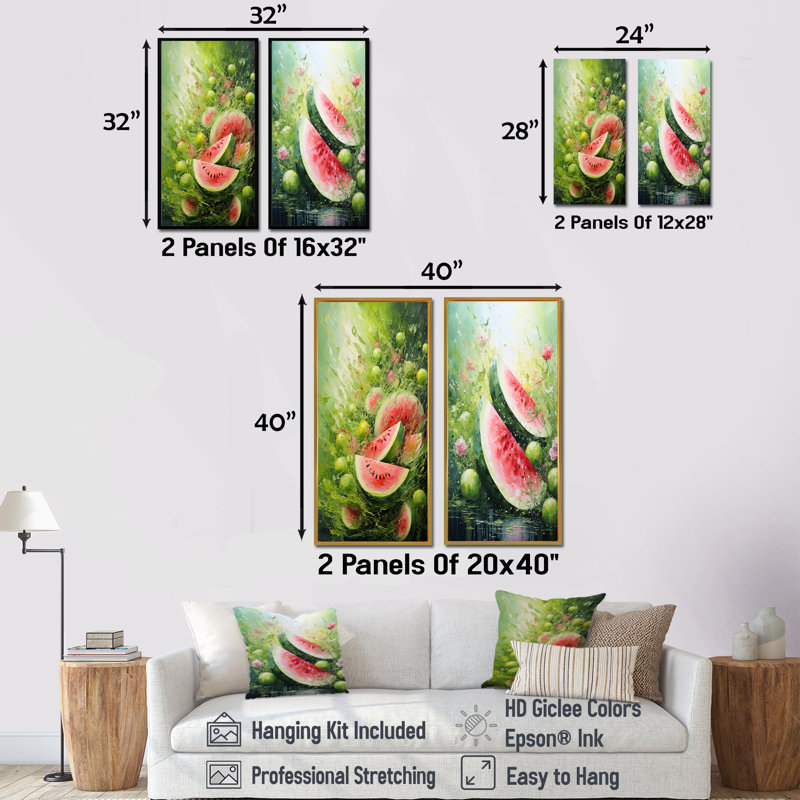 Ensemble de 2 décorations murales vertes et roses Melon Bounty I - Melon, Cadre flottant blanc, H 28 po x l 25 po