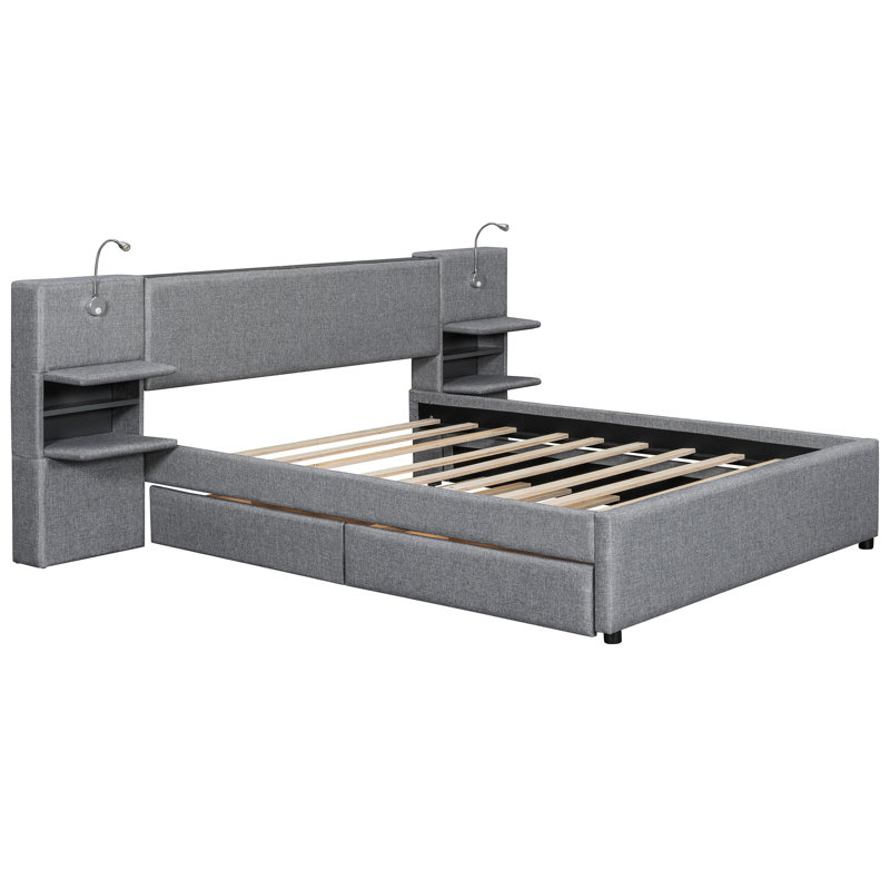 Lit tapissier grand avec lumières de lecture, tiroirs de rangement latéraux et à plateforme, revêtement en lin, Gris