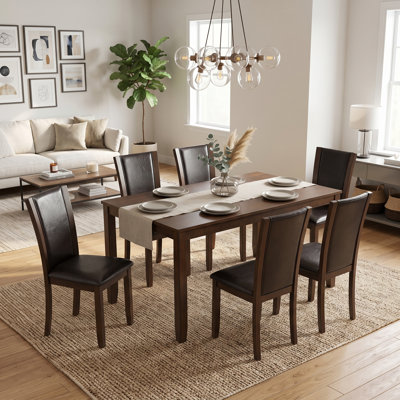 7-Piece Rectangular Solid Wood Dining Room Set, Walnut Finish Dinner Table with 6 Faux Leather Cushioned Dining Chairs, Indoor Kitchen Family Dining F