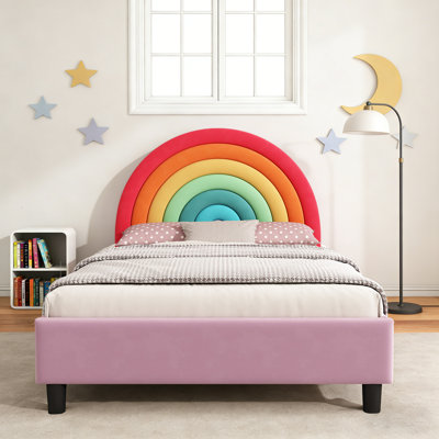 Kids Upholstered Bed Frame with Rainbow Headboard for Children Room, Velvet Platform Bed with Wood Slat Support, No Box Spring Needed, Colorful, Twin