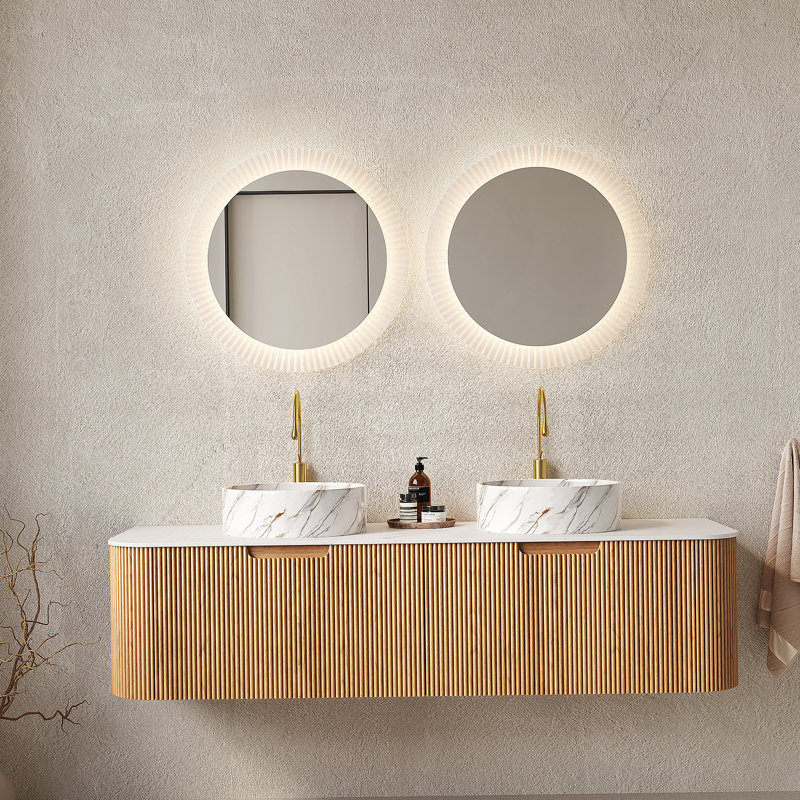 Meuble-lavabo mural flottant avec éviers, armoire de rangement et tiroirs, idéal pour l'organisation et le style de salle de bain moderne