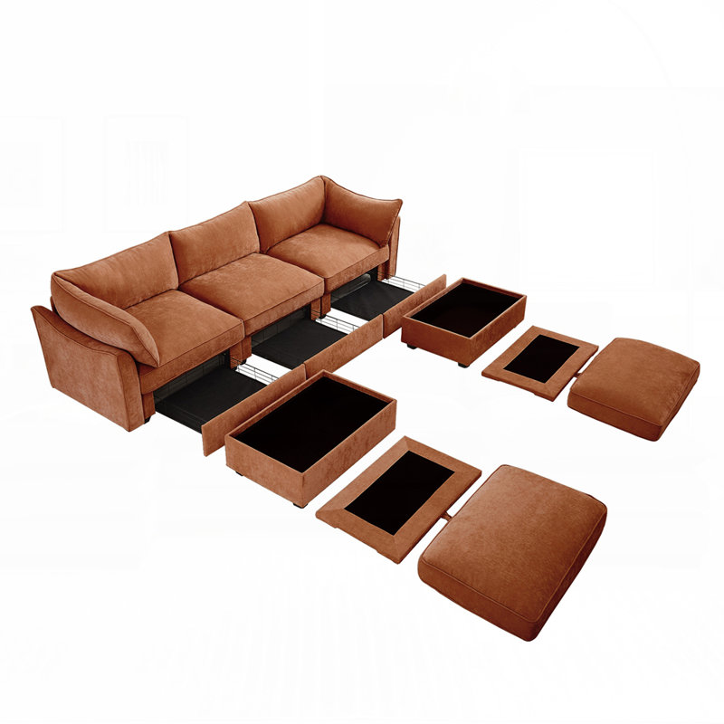 Luxueux canapé en chenille avec rangement intégré et design élégant en forme de croissant pour les espaces de vie modernes