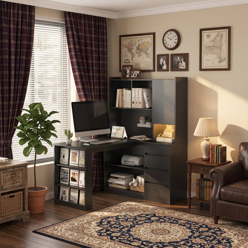 Bureau en coin en L 51,56 po avec tablettes de rangement et station de charge, noir, Retour à gauche, Noir