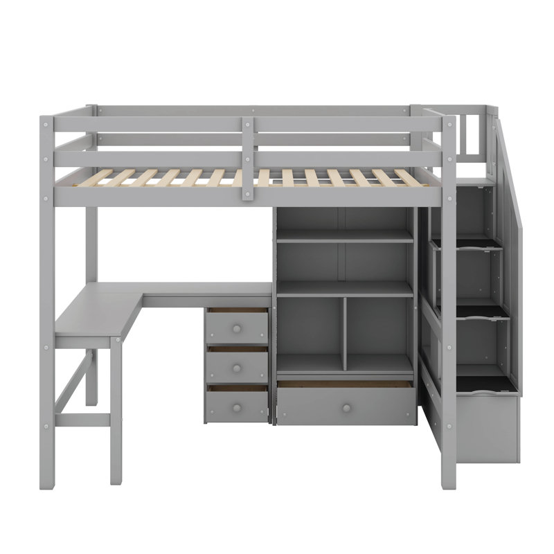 Lit mezzanine double avec bureau et tiroirs, Gris