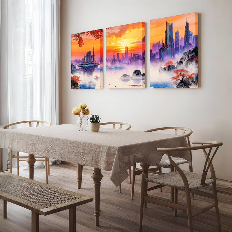 Tableau sur toile tendue représentant un paysage urbain fantastique avec des feuilles d'automne et un coucher de soleil (lot de 3)