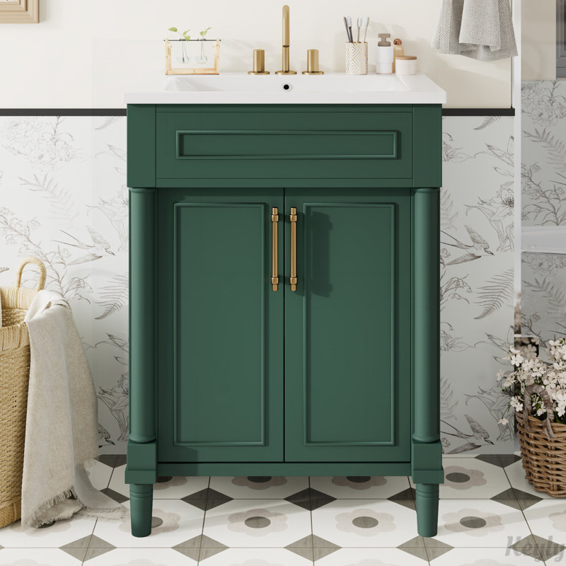 24" Bathroom Vanity with Ceramic Sink,2 Doors for Small and Medium Restroom, Green
