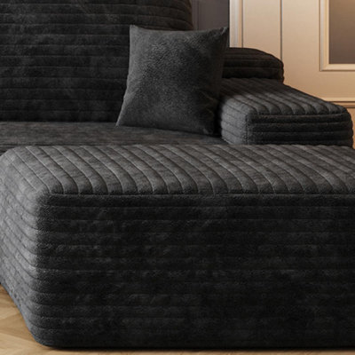 U-Shaped Cloud Sectional Sofa, 107" Black Plush Corduroy Corner Couch With Ottoman, Modern Minimalist Deep Seating, No Assembly Needed For Living Room