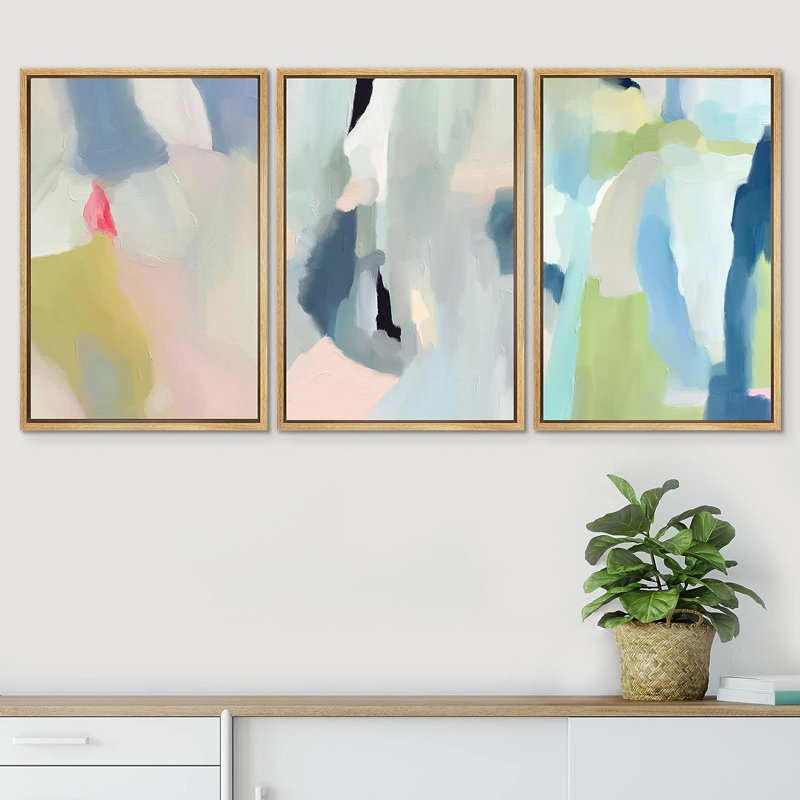 Abstract Abstract Strokes Vibrant Pastel Paint Stroke Collage Shapes Illustration - ensemble de 3 impressions sur cadre flottant