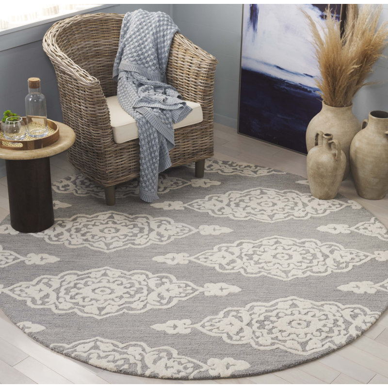 Tapis gris / ivoire en laine et en coton touffeté à la main Demarlis, Rond 6 pi