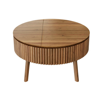30.3" Round Mid-Century Lift-Top Coffee Table with Hidden Storage Fluted Design Solid Wood for Living Room
