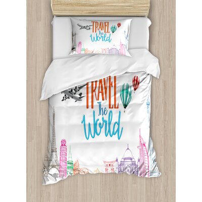 Quote Travel the World Lettering with Around World Landmarks Balloons Artwork Image Duvet Cover Set -  Ambesonne, nev_27564_twin