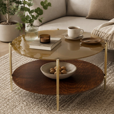Luxueuse table basse ronde avec plateau en verre trempé doré + tablette de rangement en bois de noyer, pieds robustes en métal doré, 32,28 po de diamètre, centre de table élégant pour le salon moderne