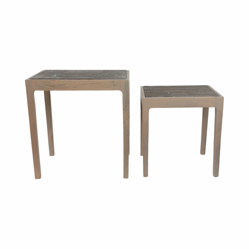 2-Pieces Carver Travertine And Wood Accent Table