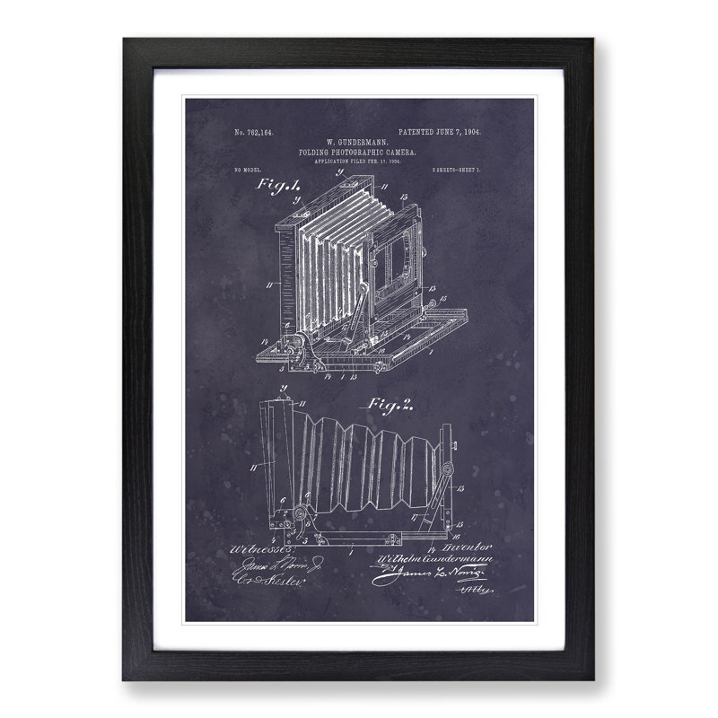 Camera Patent Dark - Picture Frame Painting, 65cm H x 48cm W x 2cm D, Black Framed