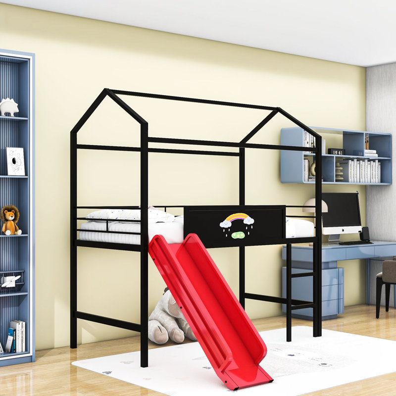 Metal House Loft Bed With Slide, Writable Wooden Board And Guardrails, Black/Red