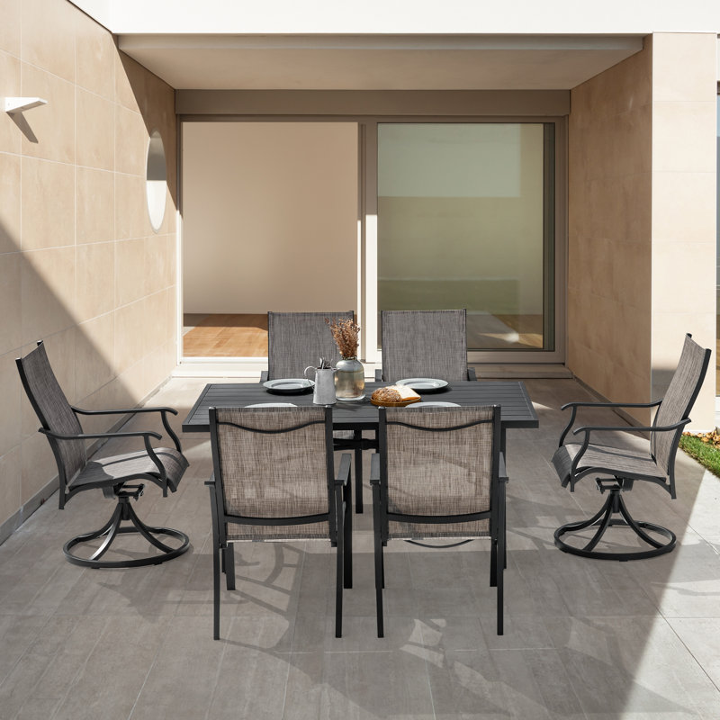 7-Piece Outdoor Dining Set with Textilene Stationary and Swivel Chairs