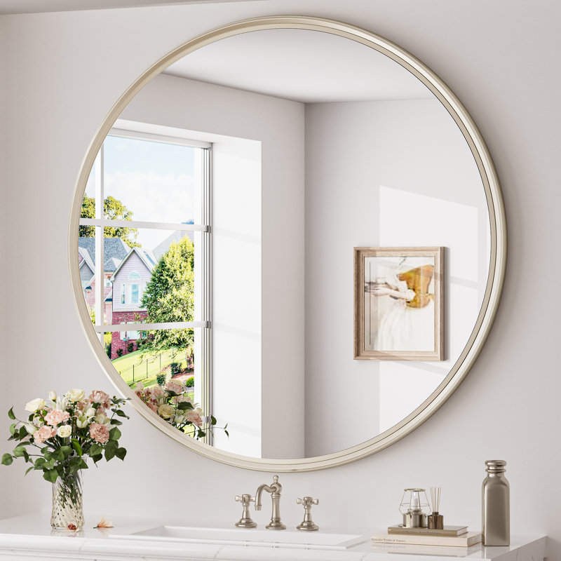Miroir mural rond en verre trempé Evangerista, 36 po x 36 po, Nickel brossé