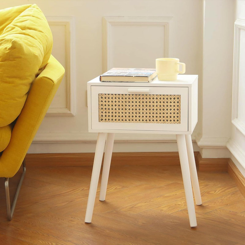 Rattan Nightstand, Modern Bedside Table With Rattan..., White