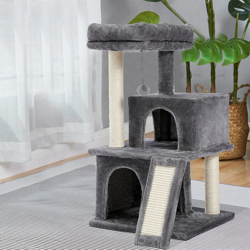 Tour pour chat 33 pouces avec deux condos pour chats d'intérieur, maison de chat en peluche avec perchoir rembourré, rampe et poteaux, gris