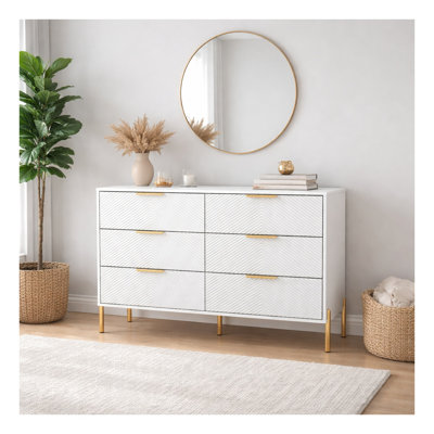 Modern 6-Drawer Wide Dresser, White Engineered Wood Chest of Drawers for Bedroom Storage