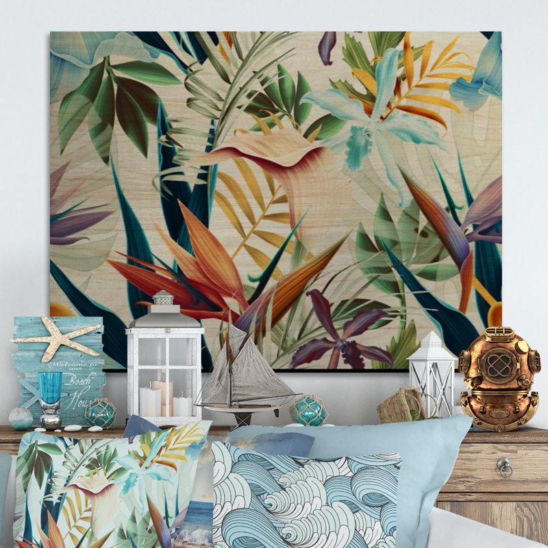 Fleurs tropicales rétro I - impression d'art mural en bois tropical, H 24 po x l 36 po x P 1 po