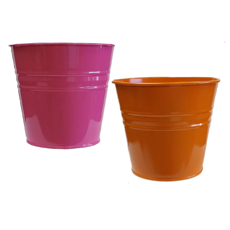 Enameled Galvanized Steel Planter For 6.5" Plants. Set Of Two, Pink/Orange
