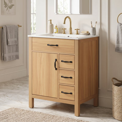 Meuble-lavabo autoportant avec lavabo en céramique, charnières à fermeture en douceur, tiroir rabattable et support de rangement double couche