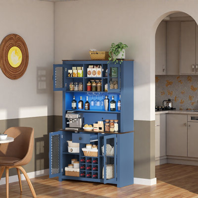Kitchen Pantry With Metal Glass Holders, Wine Bottle Holders, Open Shelves, Build-in Charging Station And Led Light Strip