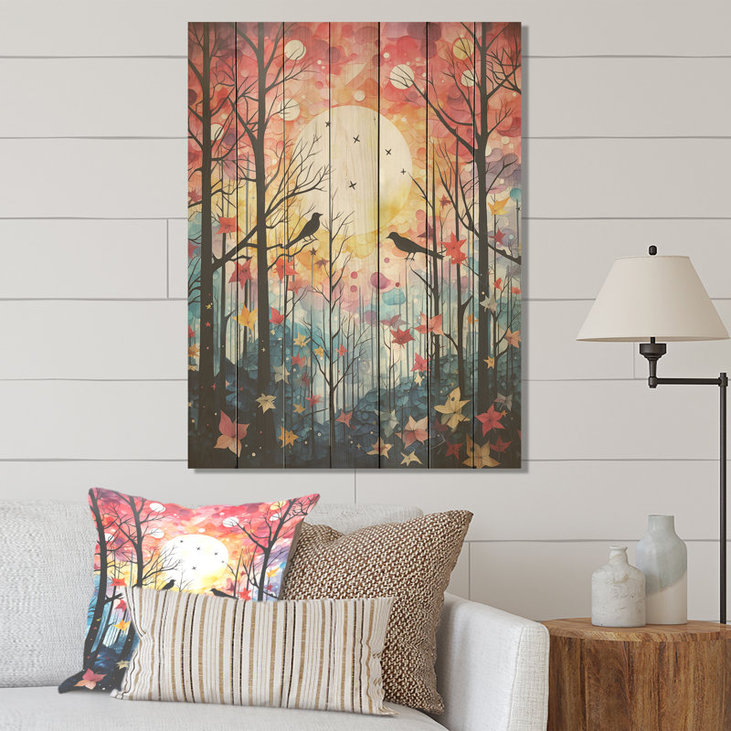 Motif botanique floral rose avec oiseau bleu II - impression sur bois, H 20 po x l 10 po