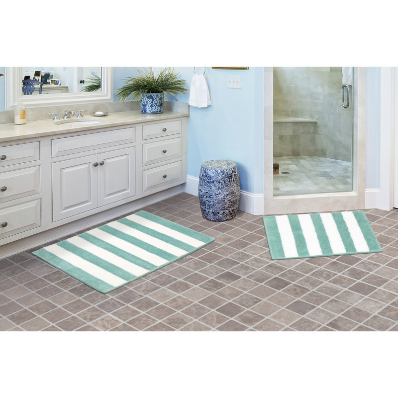Ronning Beach Stripe Nylon and Polyester 2 Piece Bath Rug Set with Non-Slip Backing, Sea Foam