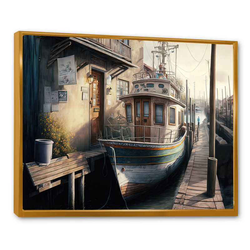 Port rustique avec un bateau de pêche IV - Peinture sur toile, H 24 po x l 32 po x P 1 po, Toile avec cadre flottant or