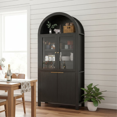 71" Fluted Tall Arched Pantry Cabinet With Adjustable Shelves, Elegant Display Storage With Hidden Drawer & Glass Door For Kitchen, Living Room, Dining Room, Black