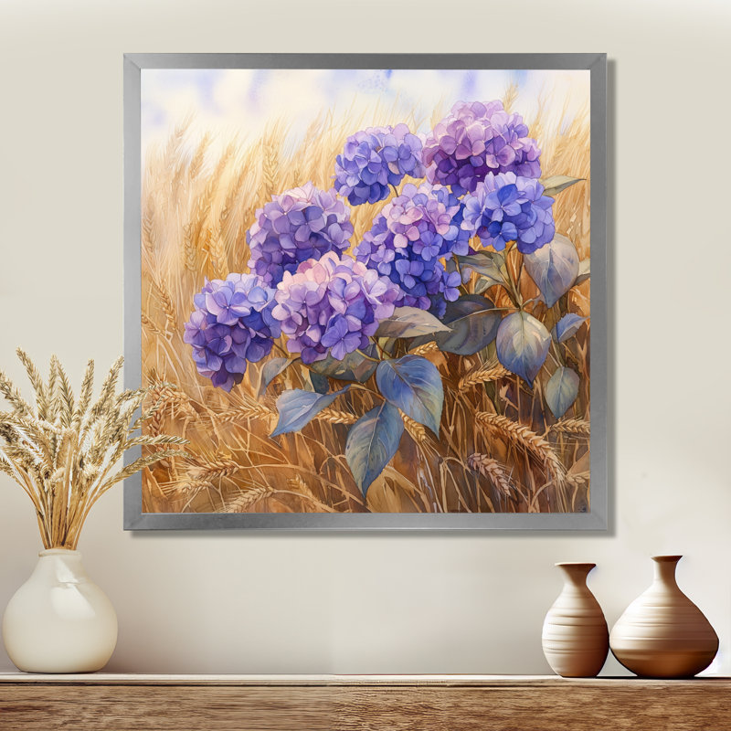 Hortensias dans le champ de blé - art mural sur toile Hydrangea, H 16 po x l 16 po, Picture Framed, Argent argent