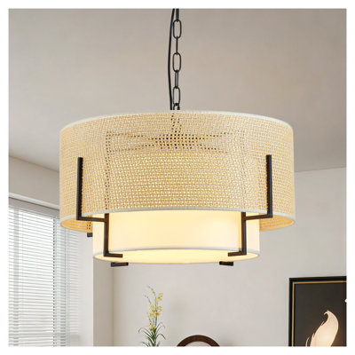 Lustre de style bohémien 19,7 po, luminaire suspendu en rotin tissé à la main 4 lumières avec abat-jour en tissu, luminaire tambour rustique pour salle à manger, cuisine, chambre à coucher, vestibule