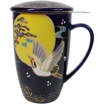 Blue Moon Japanese Crane 15Oz Porcelain Tea Mug With Lid Stainless Steel Infuser