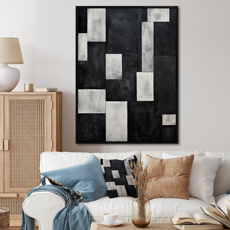 «Black and White Cuboids Dream - Abstract Shapes», art mural sur toile, Cadre flottant noir, H 20 po x l 12 po