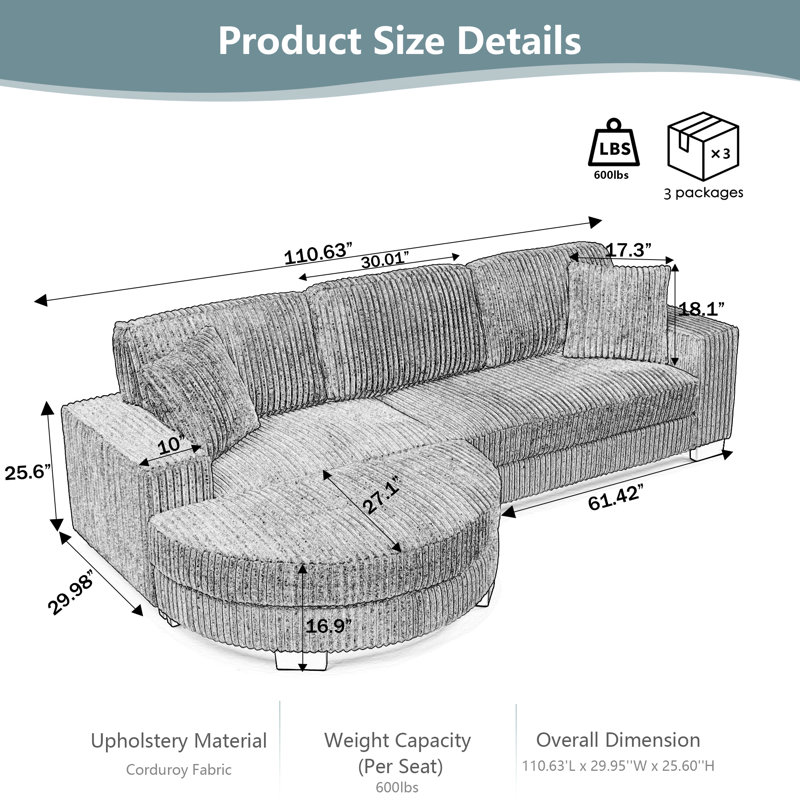 Corduroy Tufted Sleeper Sectional Sofa L-Shaped Convertible Sofa Bed with Modular Arc-Shaped Ottoman, Left/Right Chaise Configuration & High-Density Foam Cushions