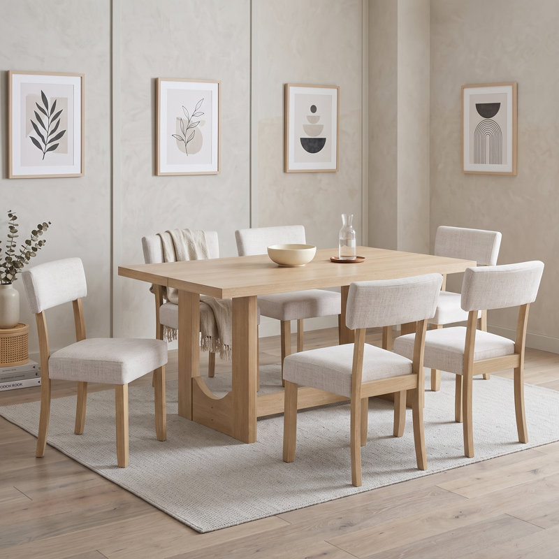 Ensemble de table de salle à manger 7 pièces pour 6 personnes avec table rectangulaire et six chaises ergonomiques rembourrées en lin pour la salle à manger