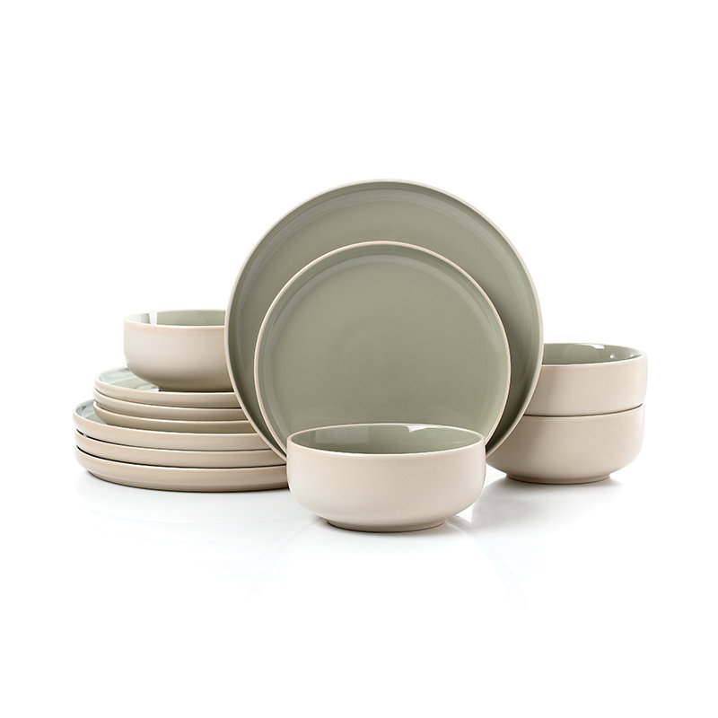12pc 2tone (Matt & Shiny) Dinner Set, Cream/Green