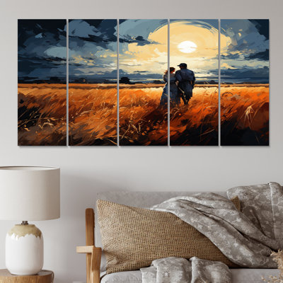 Wheatfield Sunset Romance, Farmland Love - Meadow, reproduction d'art sur toile - 5 panneaux
