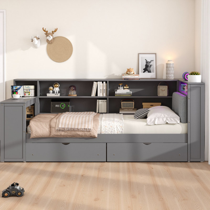 Full Size Multi-Functional Platform Bed - Upholstered Bed with Storage Shelves, Drawers, Charging Station, LED Headboard & Built-in Desk (550 lb Capacity)