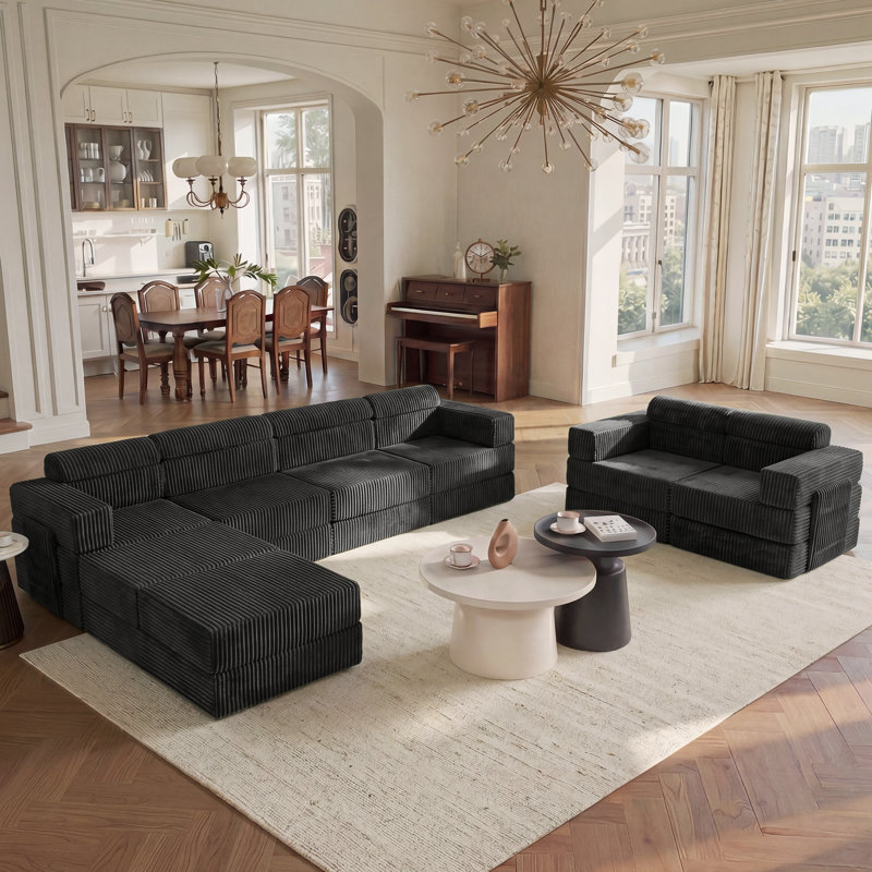 Ensemble de salon modulaire rembourré en velours côtelé 141,6 po Sisler, Velours côtelé noir
