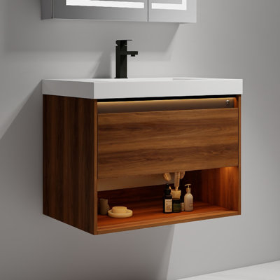 Meuble-lavabo flottant 30 po avec lumières DEL Khaleia - Armoire murale en bois avec lavabo en acrylique, rangement à fermeture en douceur et lavabo intégré moderne