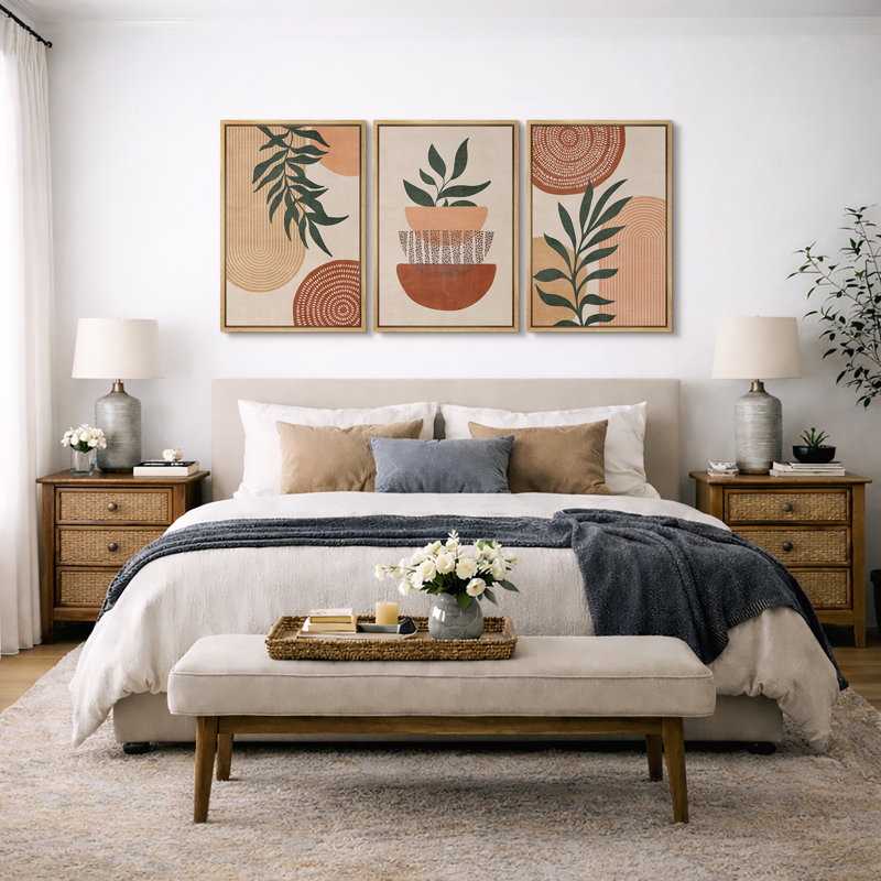 Mid Century Modern Boho Geometric Polygon Palm Leaf - 3 Piece Floater Frame Graphic Art Set on Canvas, Natural