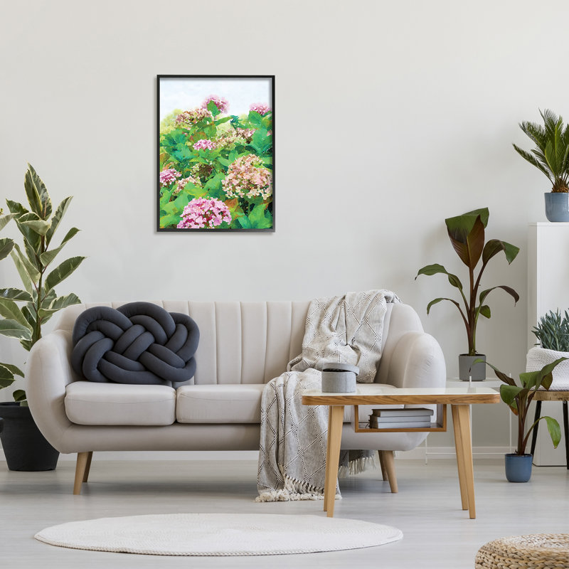 Buisson de géranium rose dans un champ de ciel clair - peinture, H 30 po x l 24 po x l 1,5 po, Giclée encadrée noir minuit