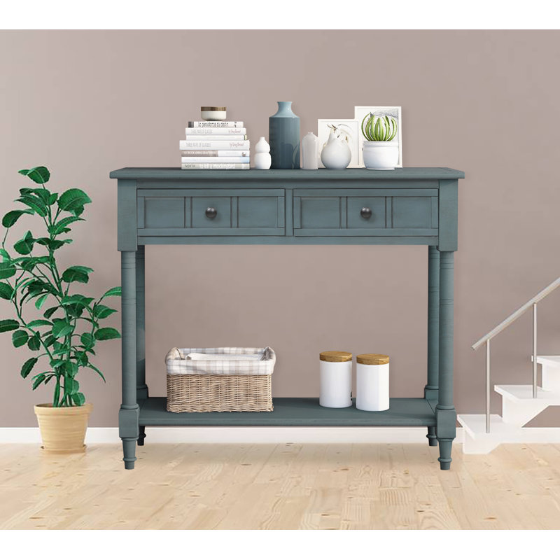 Floriean Rustic Vintage Farmhouse Style Console Table - 2 Drawers, Bottom Shelf, Navy
