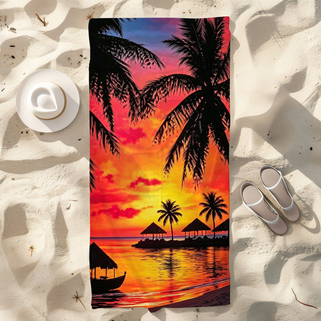  Serviette de plage en microfibre légère, absorbante et sans décoloration, 30 po x 60 po, cabane de coucher de soleil tropicale