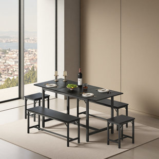 Ensemble de table de salle à manger extensible durable pour 4 à 8 grandes tables de cuisine extensibles de 63 po avec 2 bancs et 2 tabourets, plateau en bois moderne et structure en métal, peu encombrant et facile à assembler