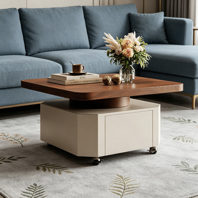 Petite table basse mobile avec roulettes, Nut-Brown Top/White Base