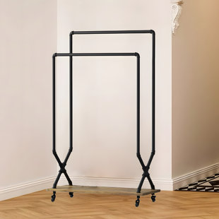 Clothes Rack On Wheels ,Rolling Garment Double Rods Rack For Hanging